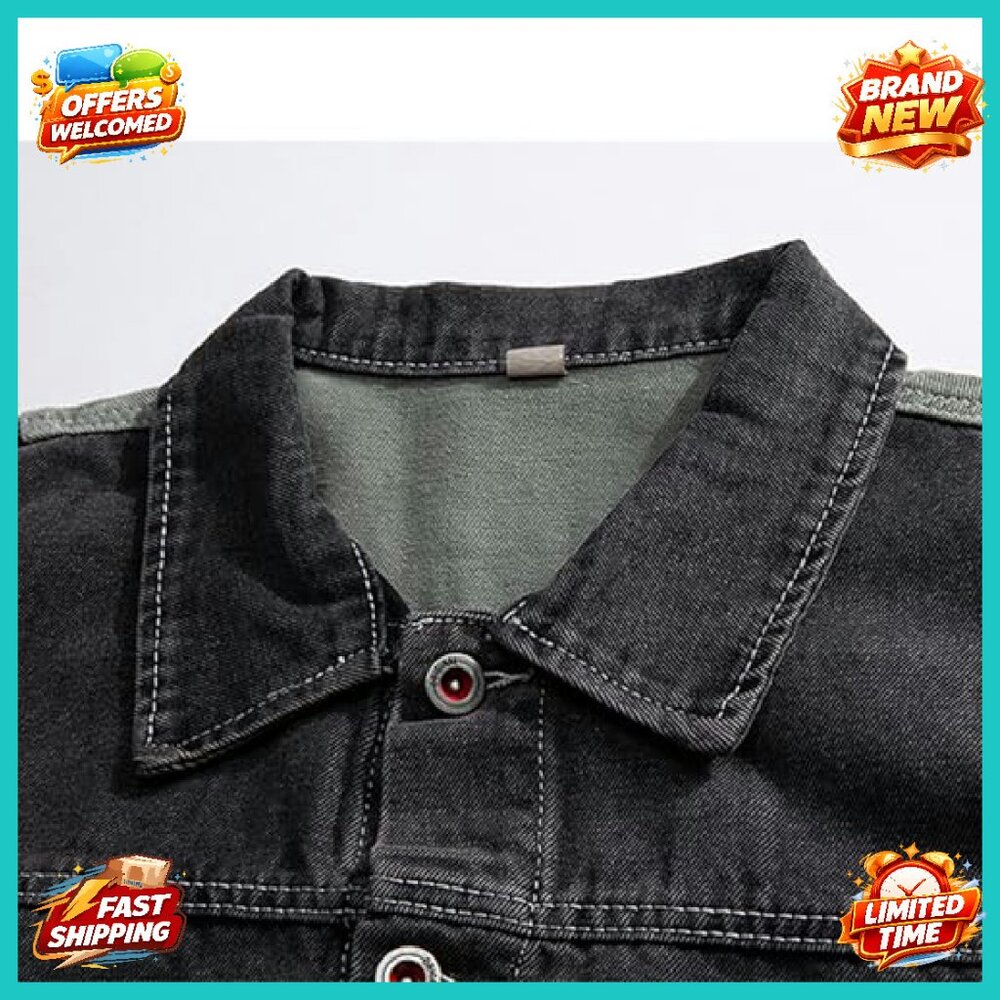 Oversized Denim Jacket Mens Patchwork Button Down… - image 7